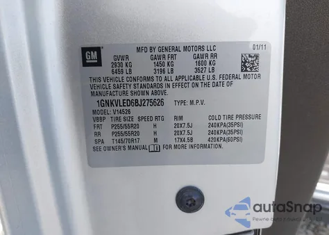 2011 Chevrolet Traverse Ltz z USA, uszkodzony, nr VIN 1GNKVLED6BJ275626